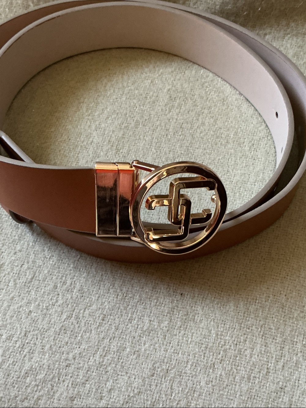 Chico's Tan Leather Belt with Gold Logo Buckle
